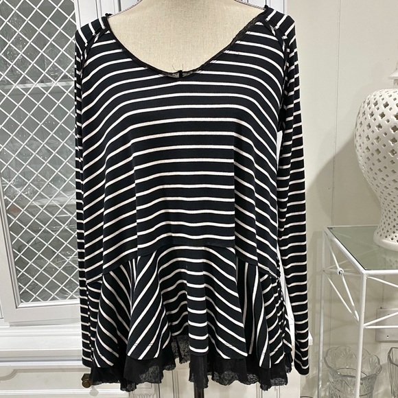 Free People Tops - Free People Striped Peplum Top Sz M black white